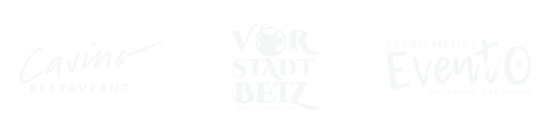 Logos der heutigen Betriebe von Oliver Scheuber: Restaurant Casino Herisau, Vorstadtbeiz und Evento Catering